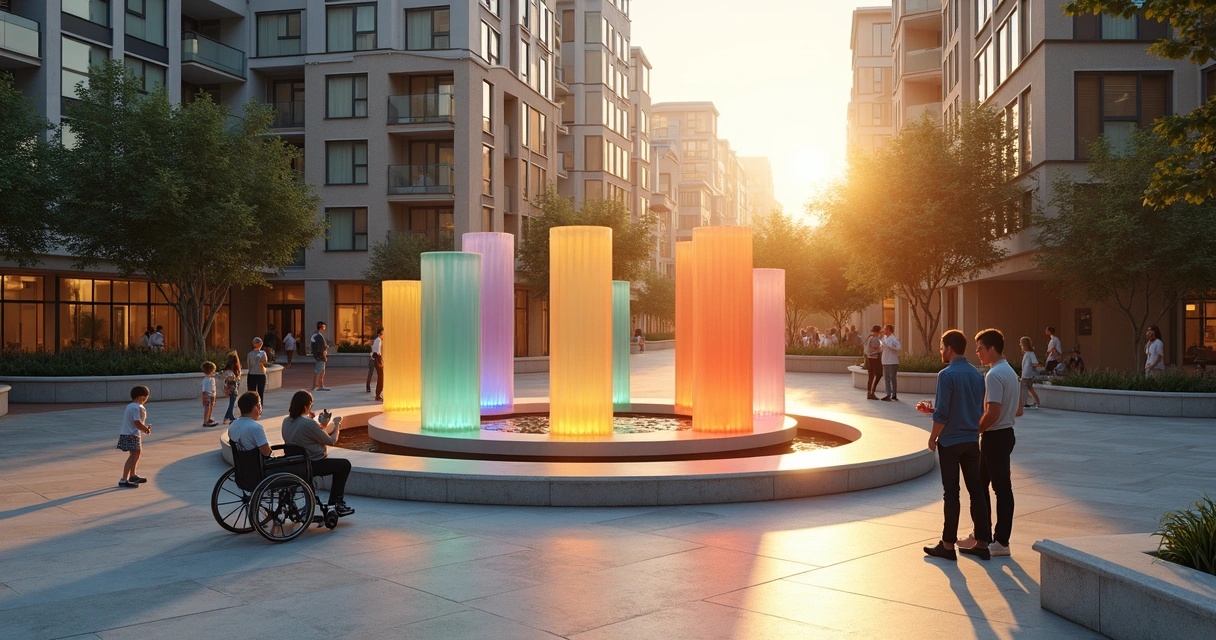 Plaza urbana con siete columnas brillantes representando indicadores humanos 
