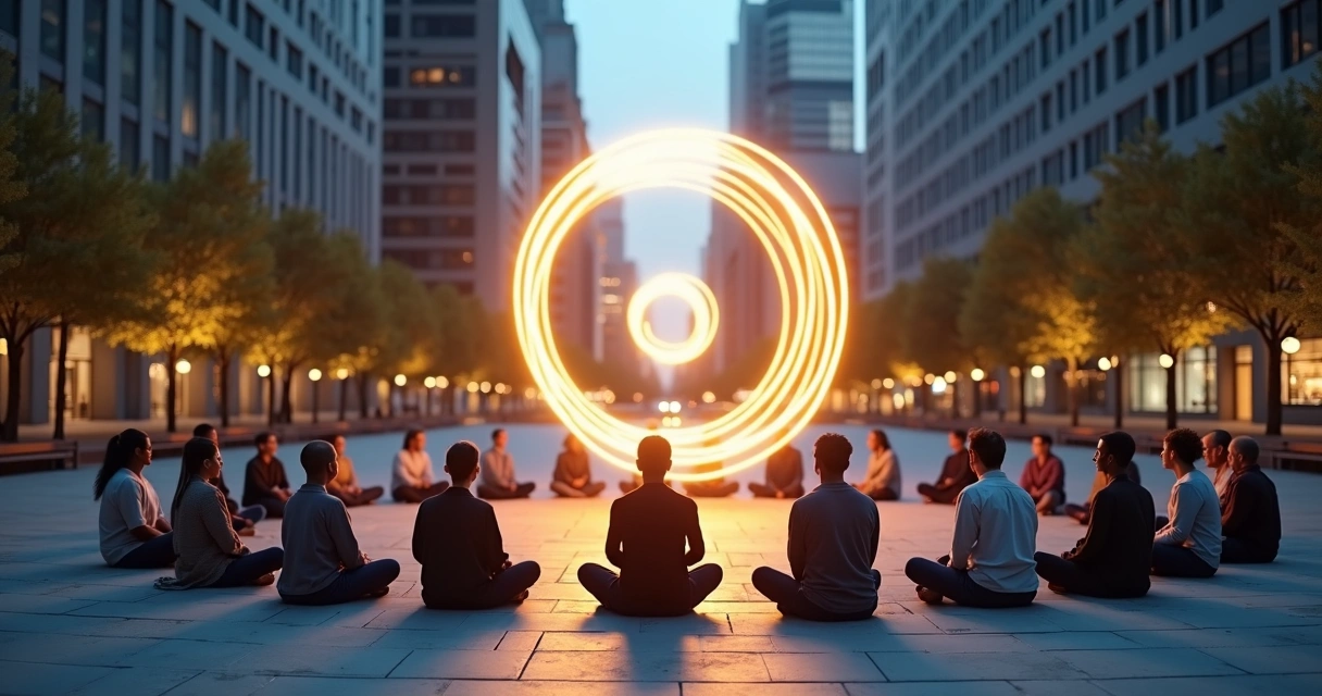 Plaza urbana nocturna con espiral de luz conectando un grupo de personas meditando 