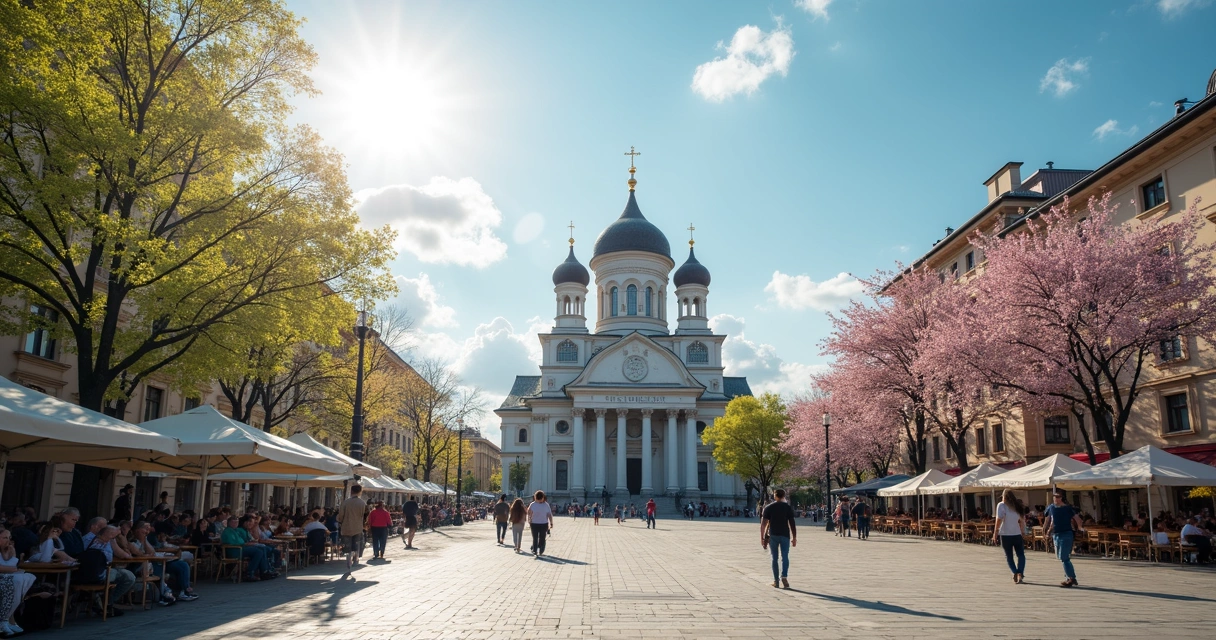 Praça principal com igreja ortodoxa e pessoas caminhando na Bulgária 