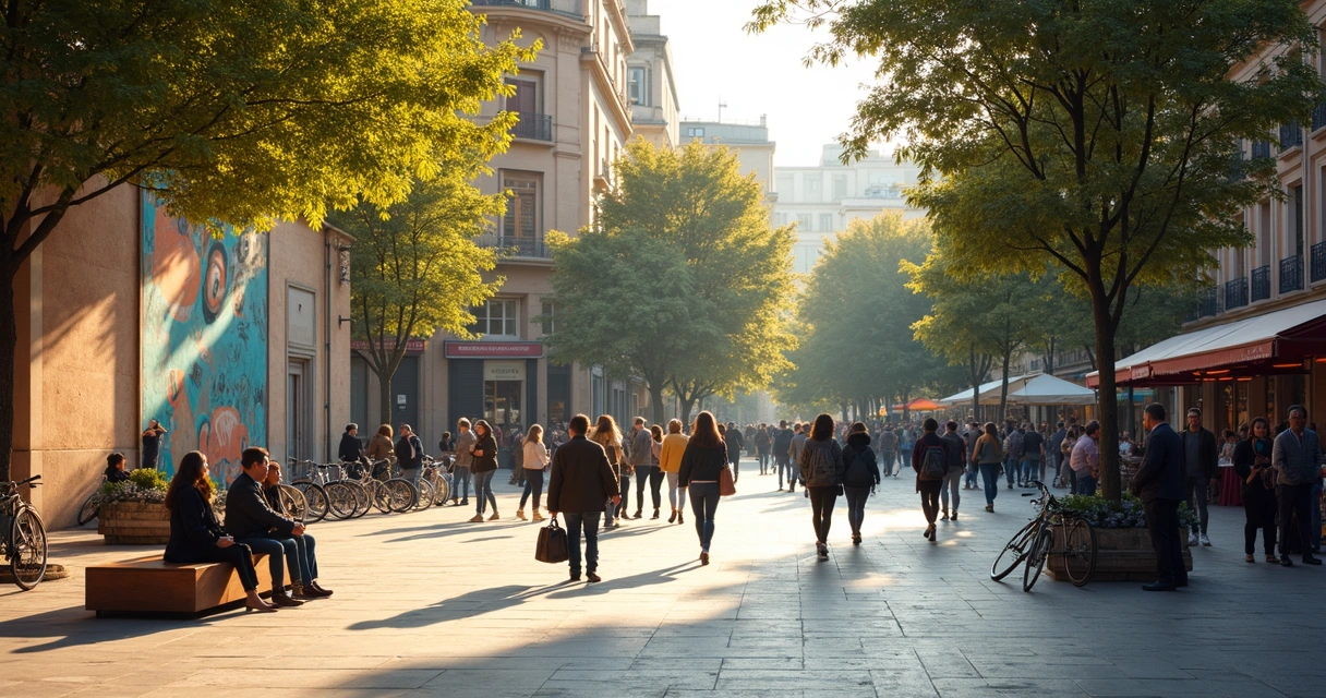 Plaza urbana con personas conviviendo y arte público