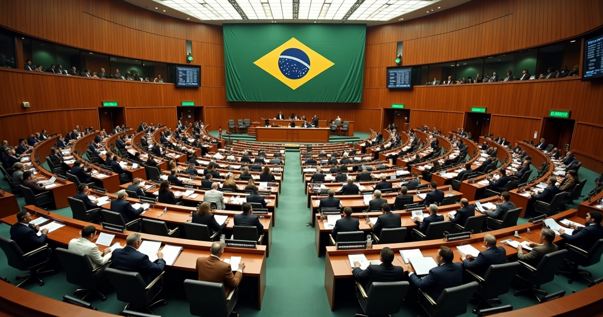 Vista interna da Câmara dos Deputados com parlamentares reunidos