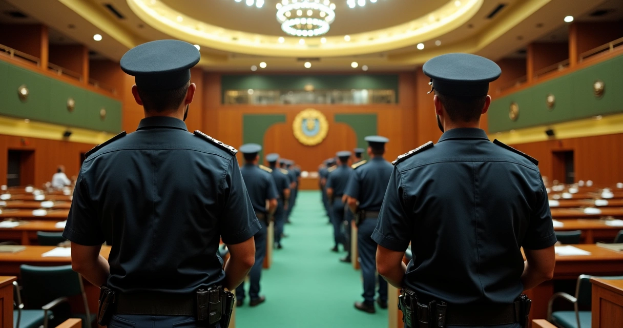 Plenário da Câmara dos Deputados em Brasília, com policiais legislativos atentos e postura formal 