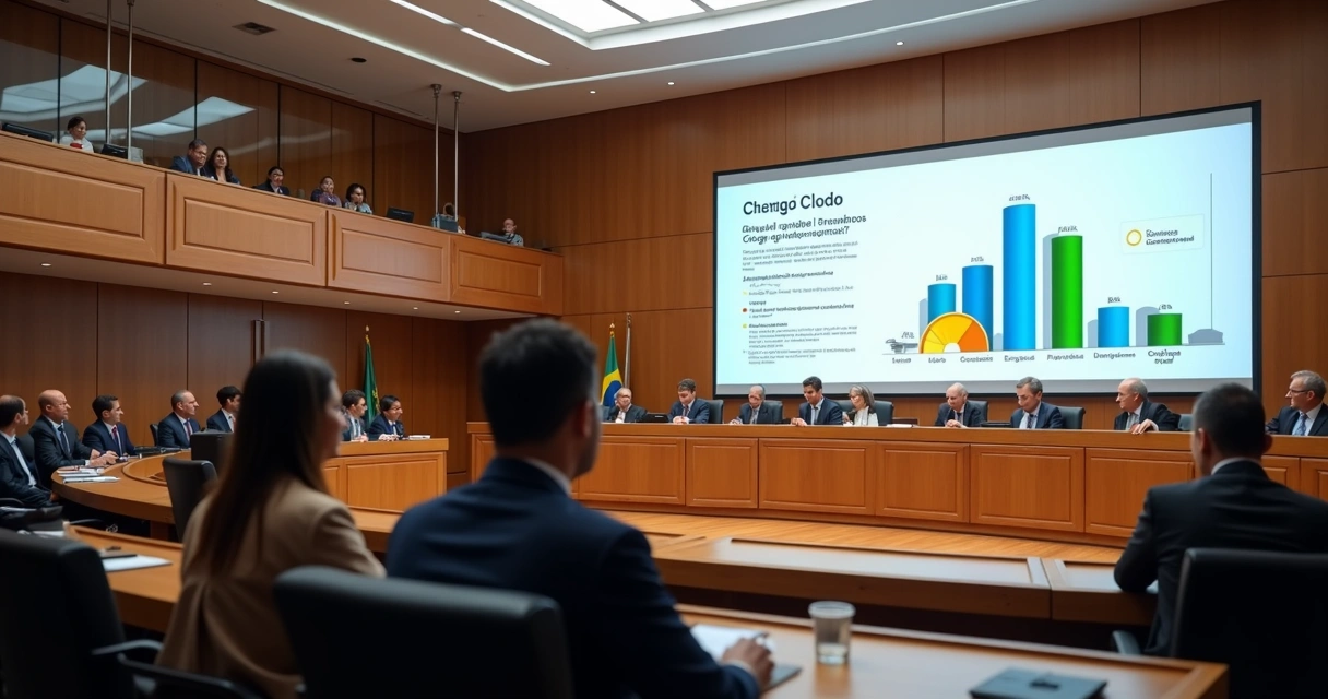 Plenário de câmara municipal com tela exibindo gráfico sobre salário de vereador 