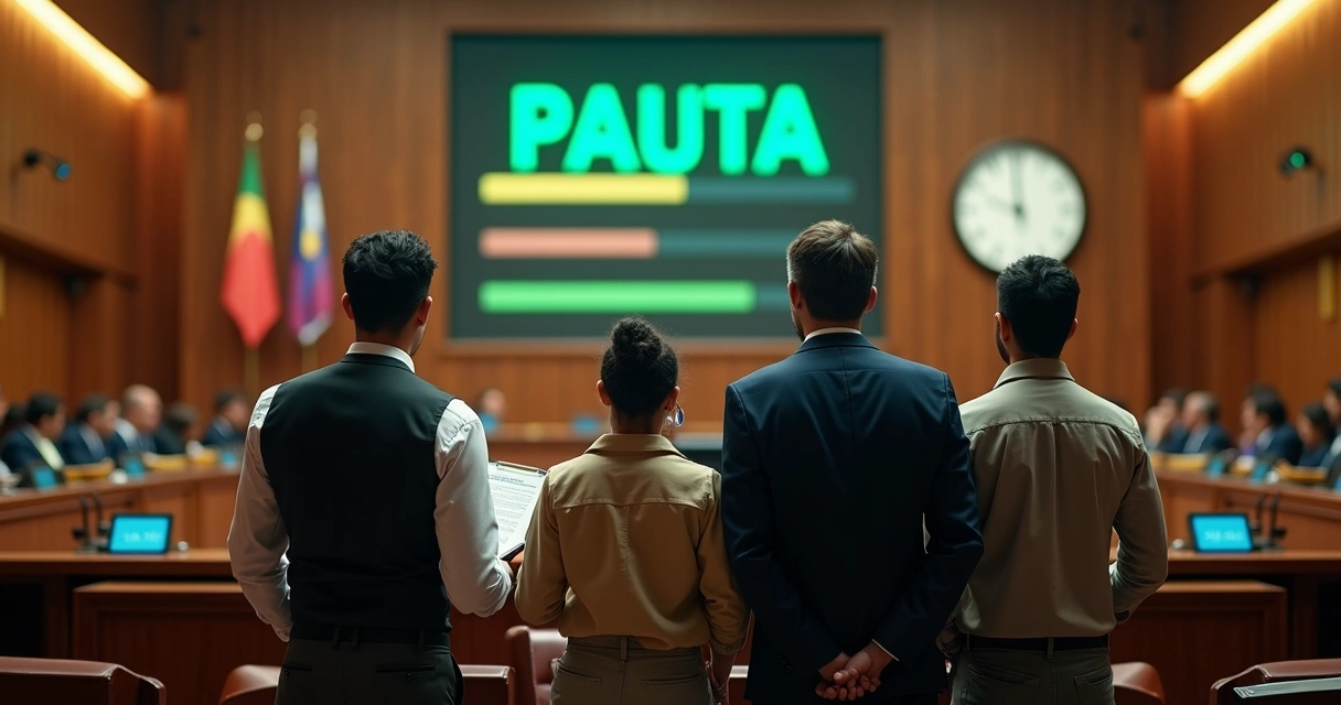 Painel eletrônico de votações da Câmara ao fundo com trabalhadores em destaque na frente 
