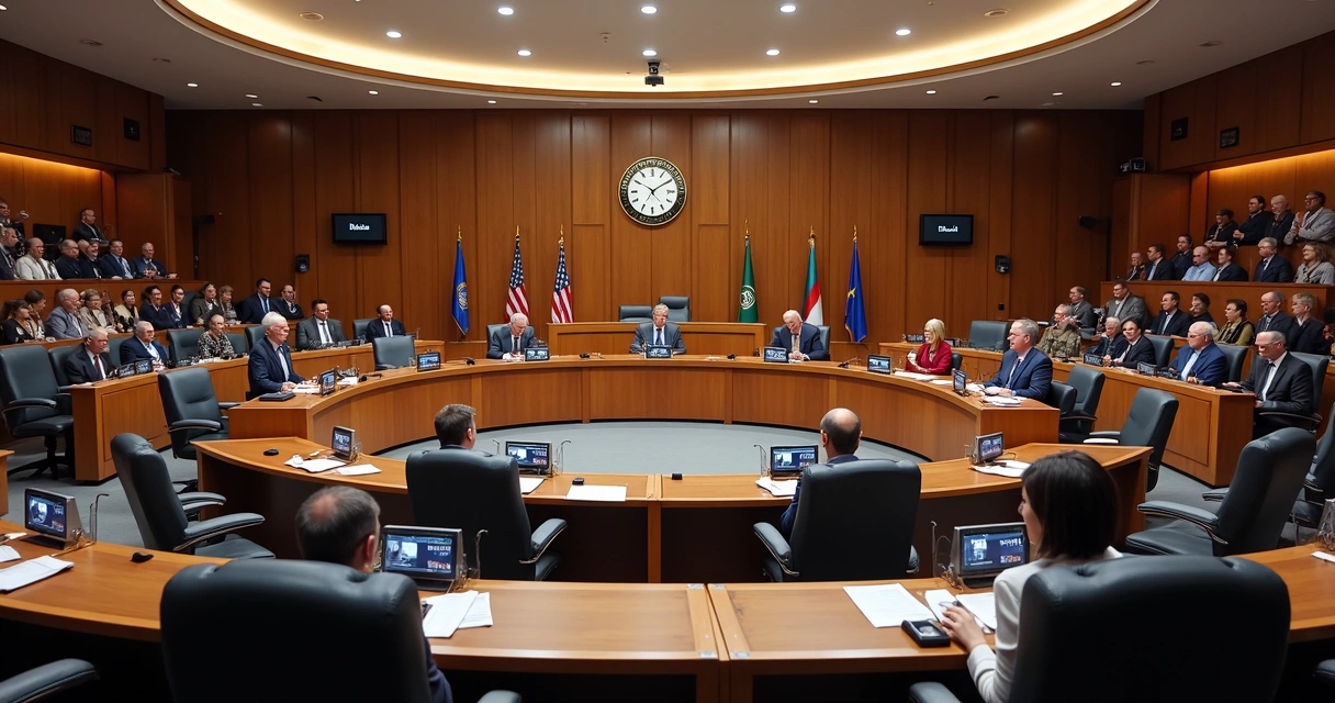 Plenário moderno com vereadores reunidos em sessão ordinária 