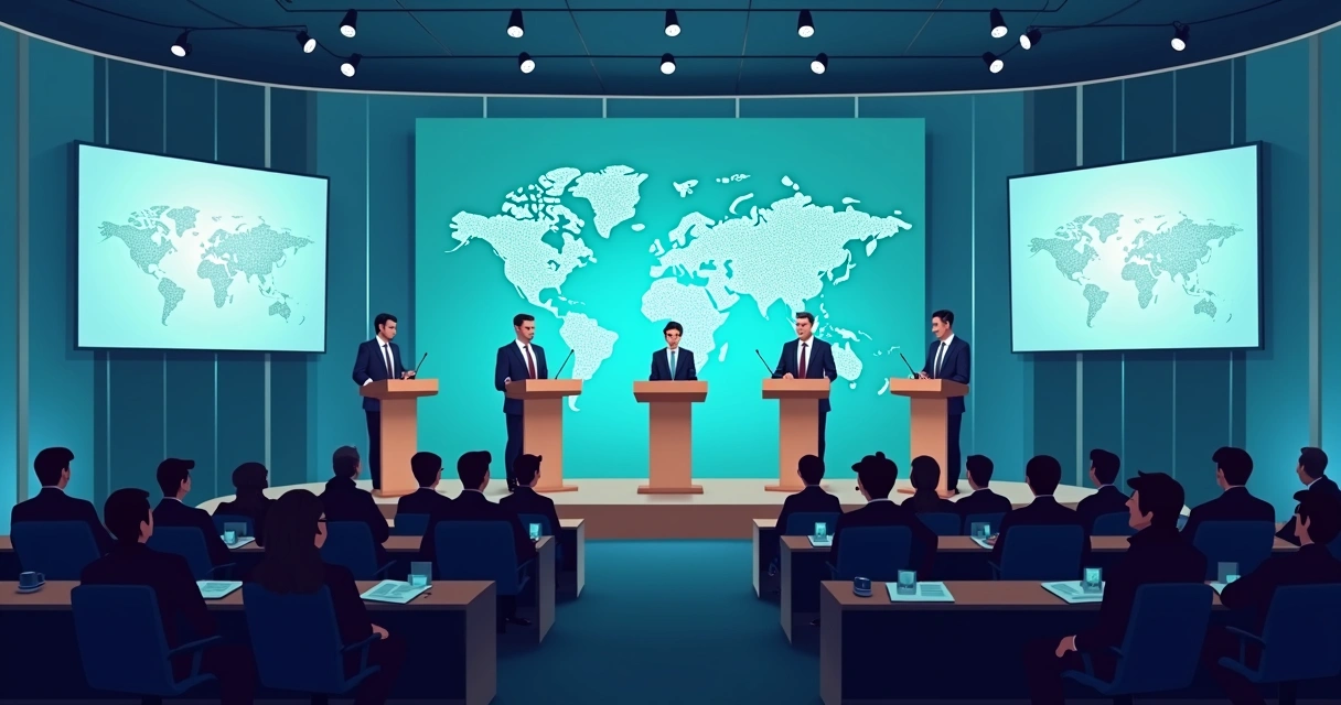 Plenário com dirigentes discursando e painéis digitais exibindo gráficos