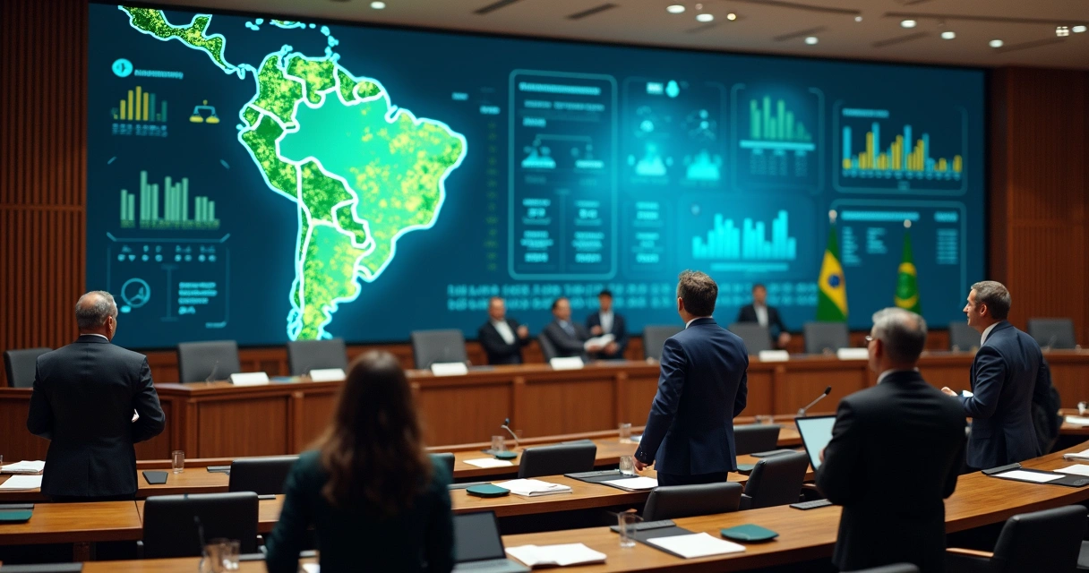 Senadores em plenário moderno com painel digital ao fundo 