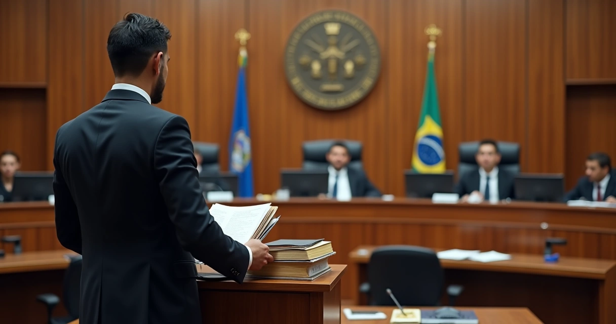 Advogado em pé no plenário do TJSC preparando-se para sustentação oral 