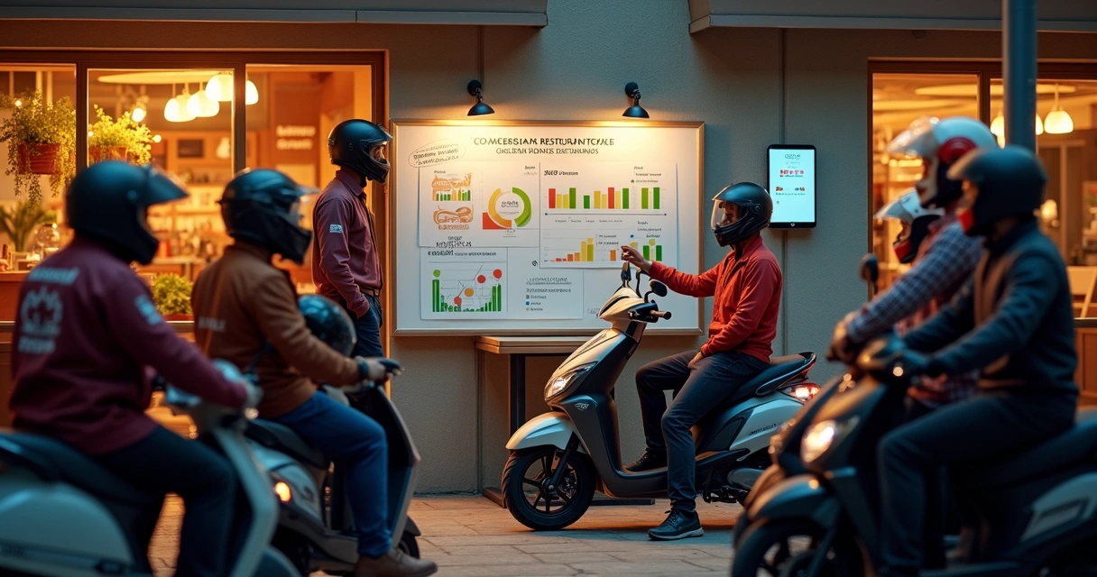 Gestor explicando PLR para motoboys de delivery em reunião rápida no pátio 