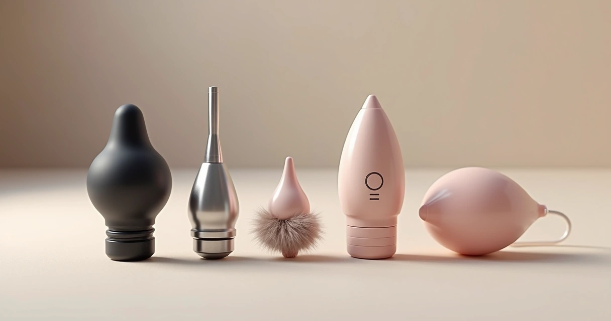 Diferentes tipos de plug anal organizados sobre uma superfície neutra, incluindo modelos simples, com cauda, vibratório e inflável, todos em cores variadas 