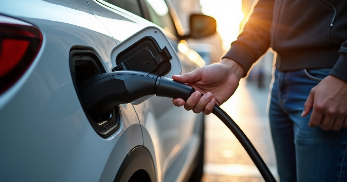 Homem plugando carregador elétrico em carro plug-in estacionado