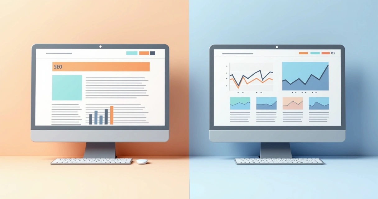 Ilustração de lado a lado com tela de site mostrando plugin de SEO e ao lado plataforma robusta de ferramenta dedicada, ambas exibindo gráficos na tela. 