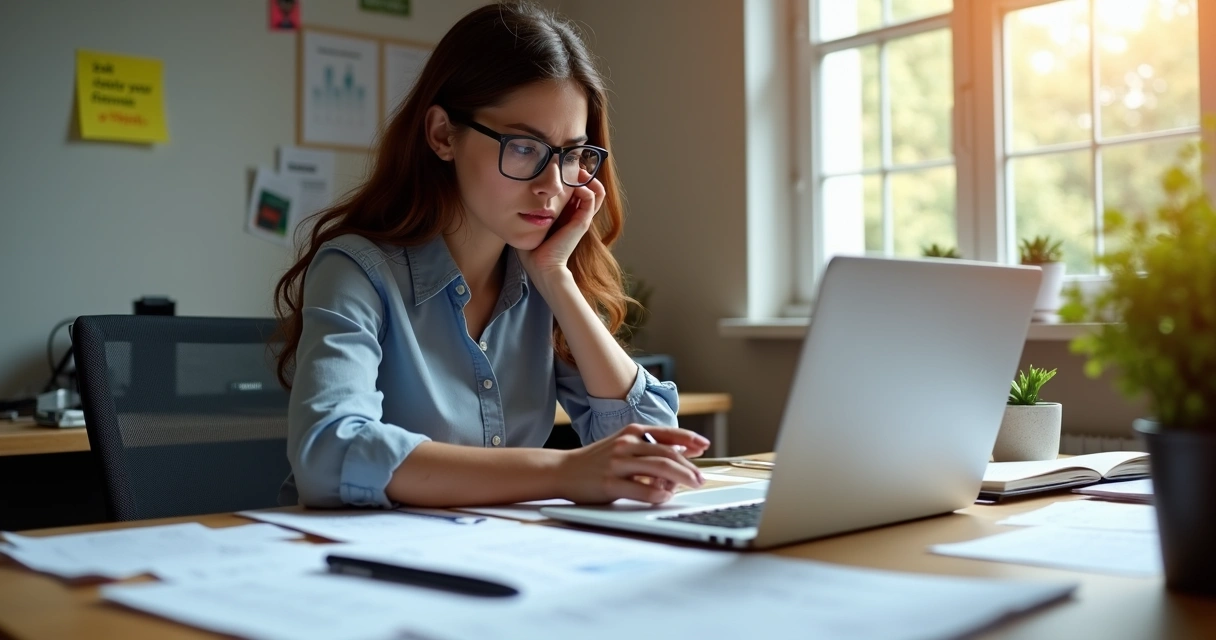 Profissional de vendas olhando para tela de notebook, migrando contatos do Excel para sistema de CRM simples