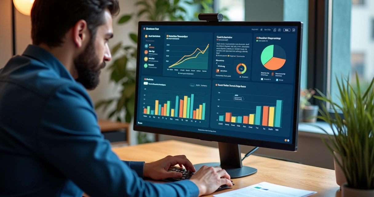 Gestor financeiro de PME analisando painel digital com resultados da automação 