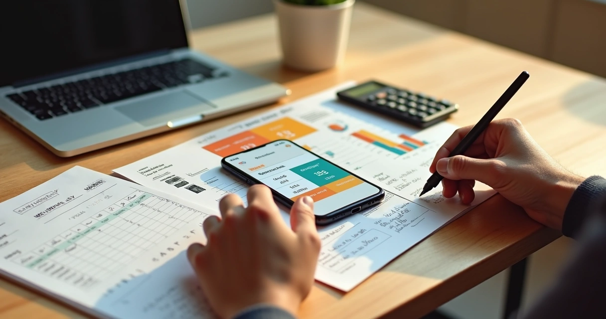 Small business manager analyzing HubSpot dashboard on smartphone over work desk