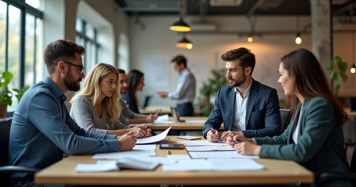 Equipe comercial e gerente de PME em ação, executando decisões pós-SWOT 