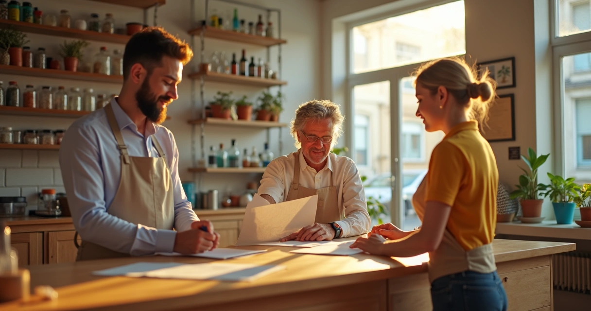 Pequena empresa em ambiente simples recebendo elogio de cliente satisfeito 