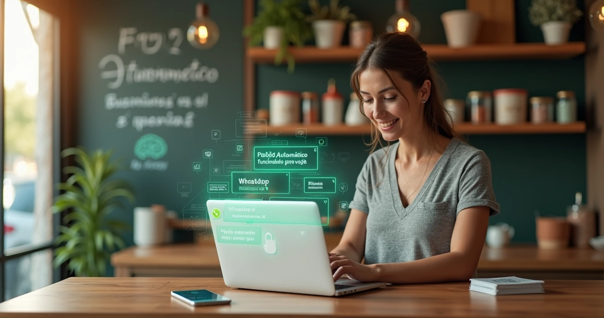 Empresária de pequena empresa configurando IA do WhatsApp Business no notebook em balcão de loja 