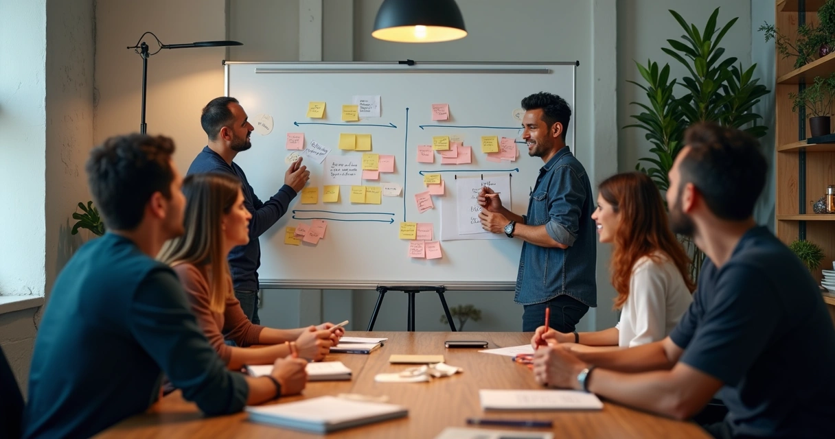 Equipe de PME brasileira reunida aplicando metodologias em sessão de brainstorming 