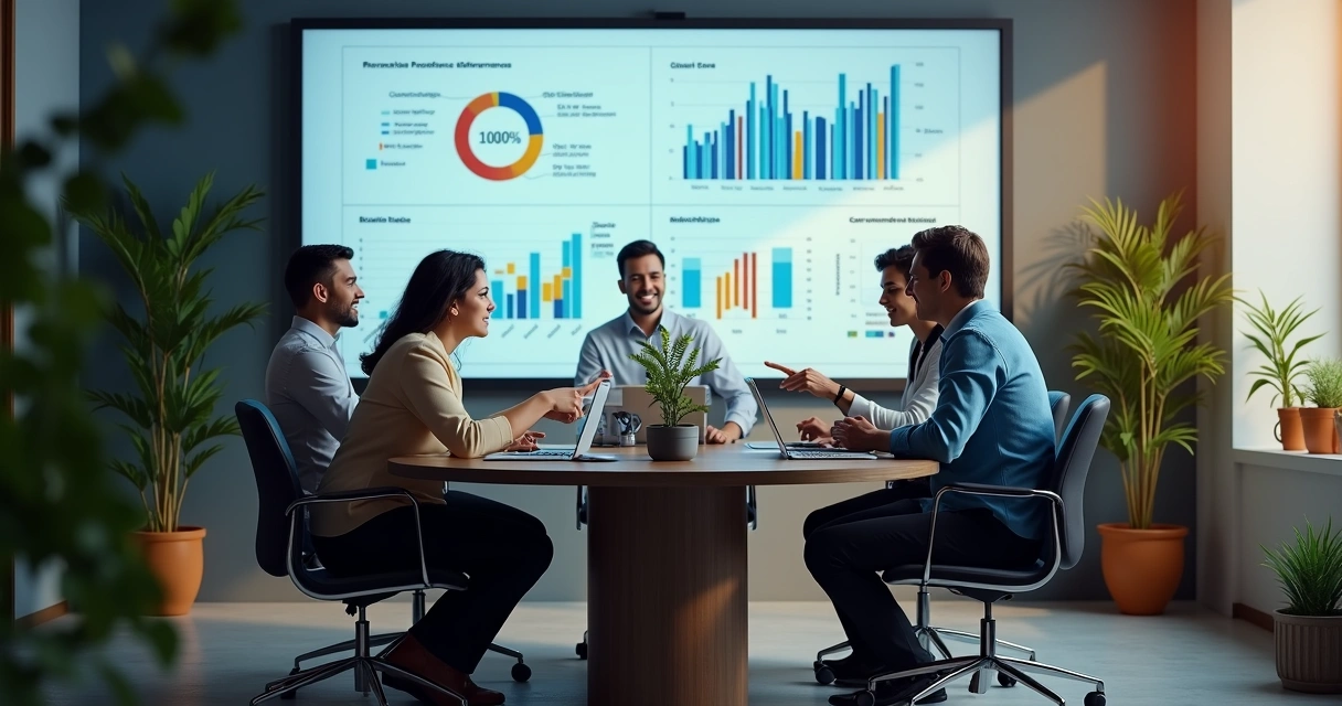 Equipe de PME brasileira discutindo indicadores de vendas. 