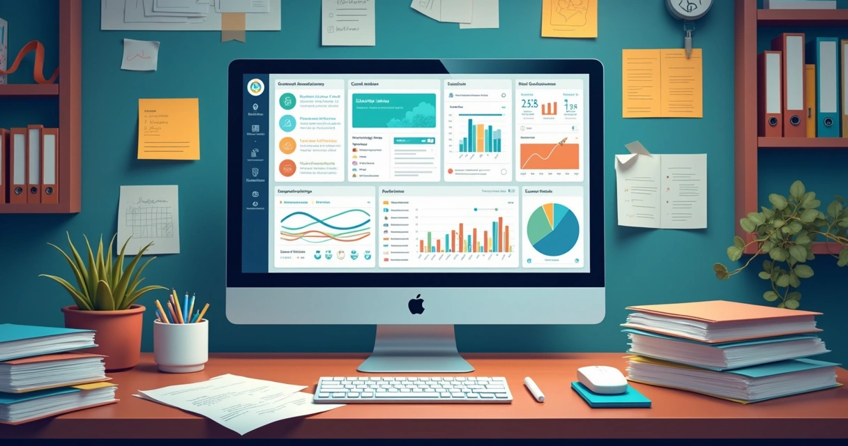 Telas de computador mostrando diferentes planilhas e ferramentas reunidas em uma só plataforma 