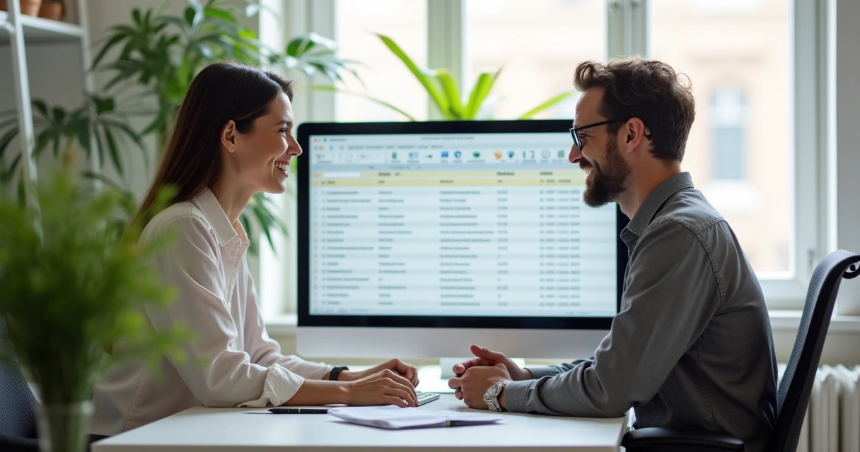 Pequena empresa atendendo cliente, vendedor conversando com pessoa sorrindo na frente de um computador 