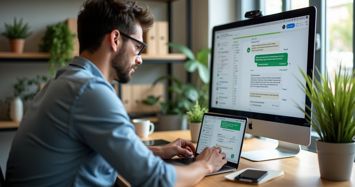 Empresário usando notebook com tela exibindo WhatsApp e anotações de clientes
