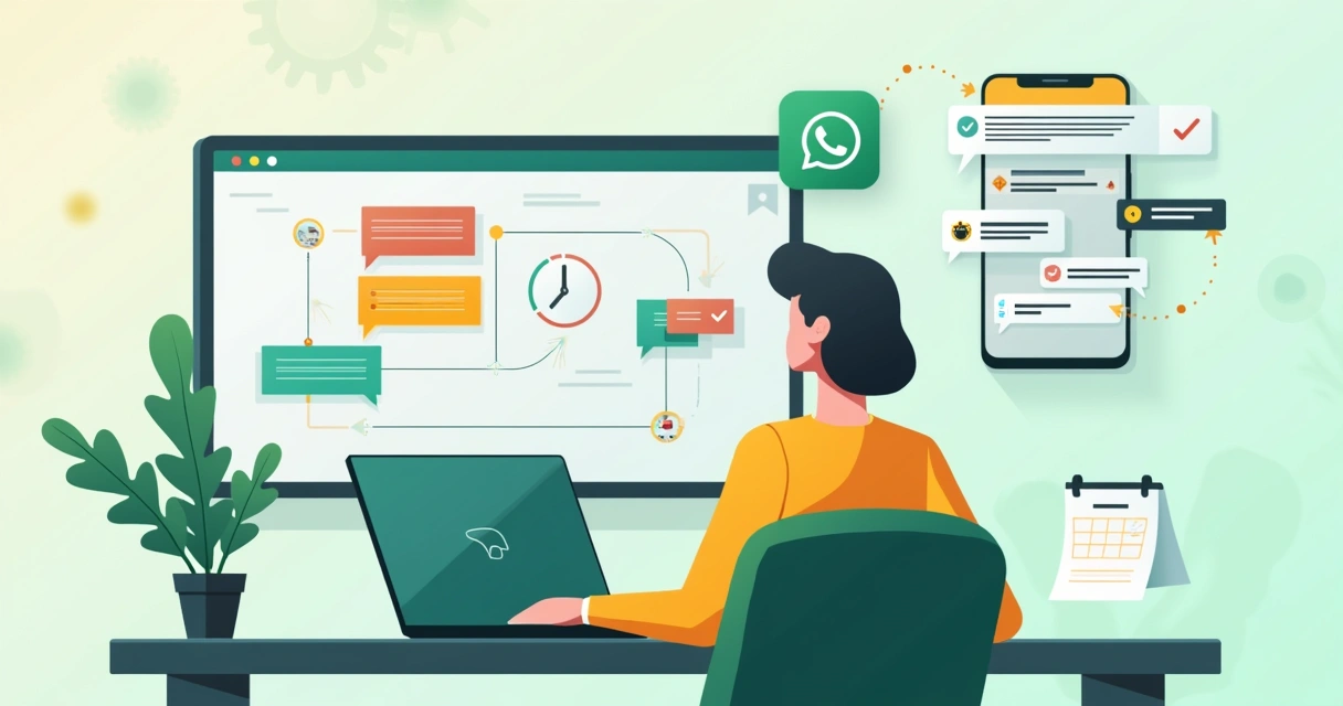 Dona de pequena empresa arrastando blocos de automação em painel de WhatsApp 