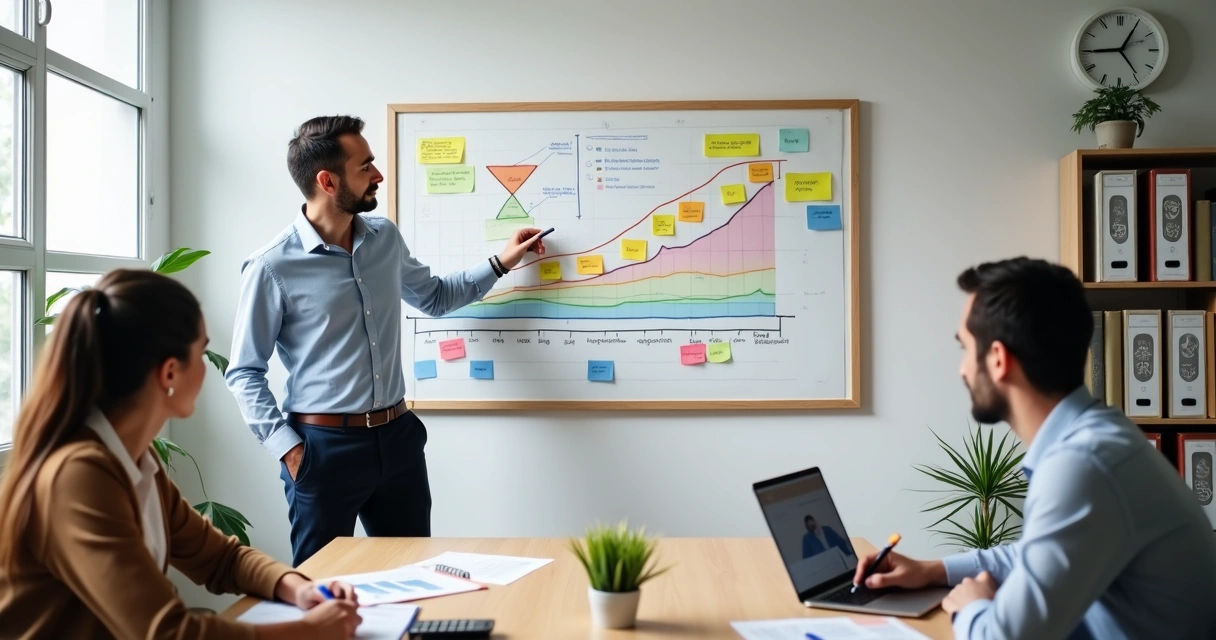 Diretor de pequena empresa organiza metas de cobrança em quadro branco com gráficos de redução de inadimplência 