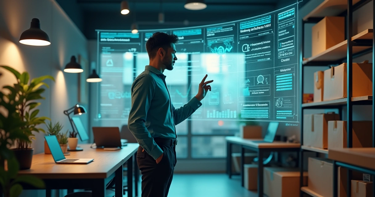 Gerente de pequena empresa interagindo com painel omnichannel holográfico 