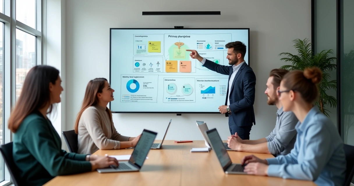 Equipe de PME reunida em frente a painel definindo metas e OKRs 