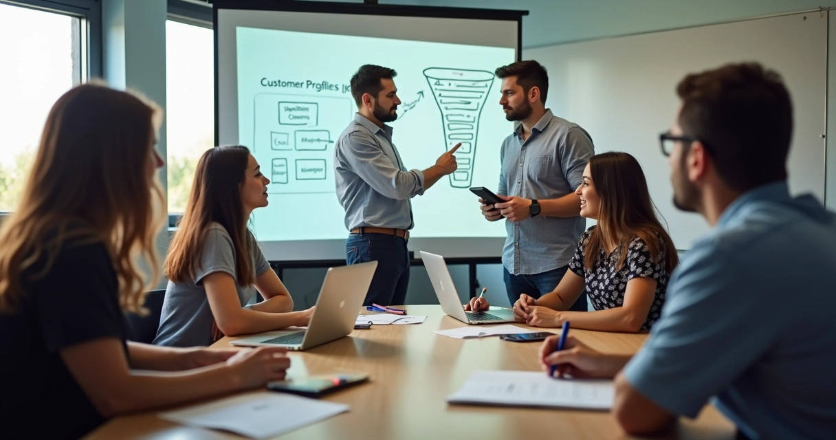 Equipe de PME em reunião planejando prospecção ativa 