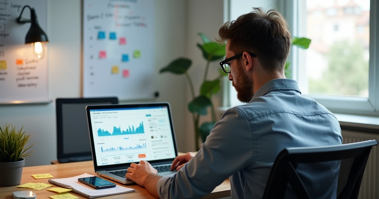 Empreendedor analisando resultados fracos das redes sociais no notebook 