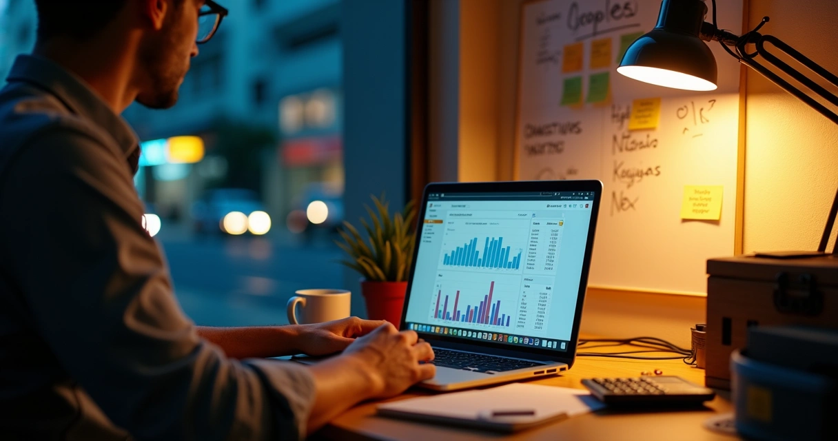 Gestor de pequena empresa ajusta campanha de Google Ads em mesa simples com laptop e bloquinho 