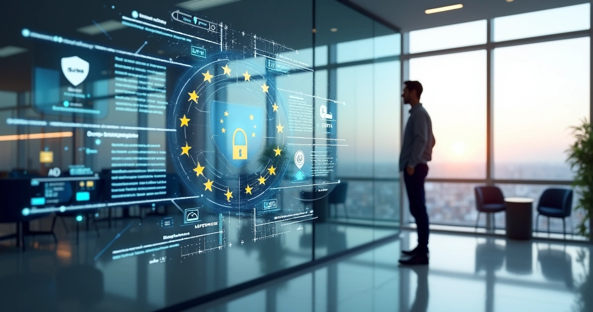 Empresário analisando painel digital com ícones de integração de sistemas europeus 