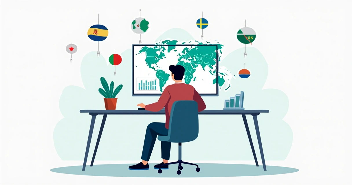 Ilustração de uma landing page em inglês, informações de vendas sendo coletadas em um computador, empresário acompanhando leads vindos de diferentes países na tela 