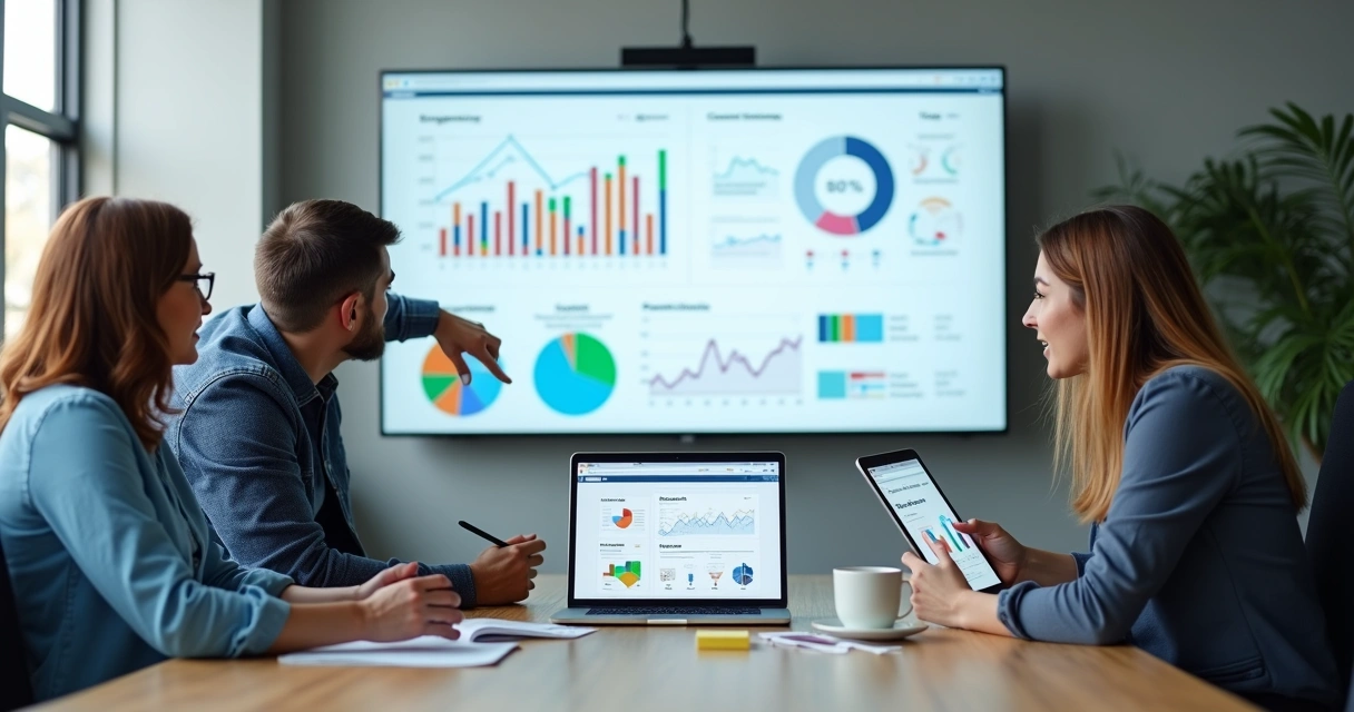 Equipe de PME analisando gráficos de marketing digital em tela grande 