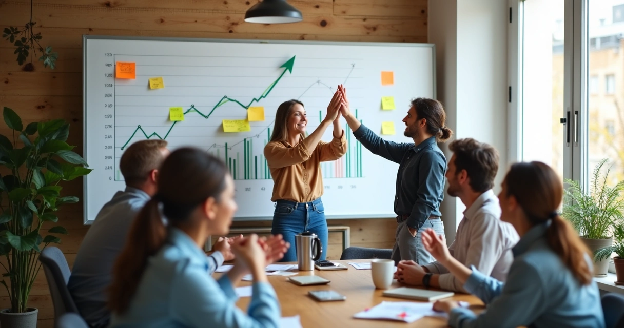 Pequena empresa comemorando resultados em frente ao painel de vendas 