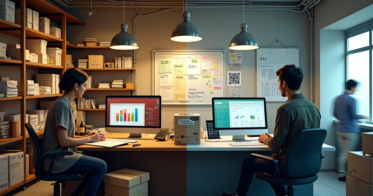 Loja pequena com metade desorganizada e metade com processos organizados e digitais 