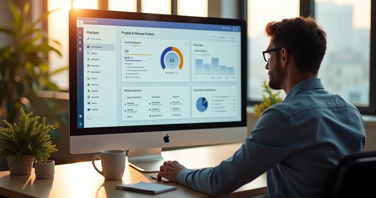 Empresário observando tela de computador com teste de produto 