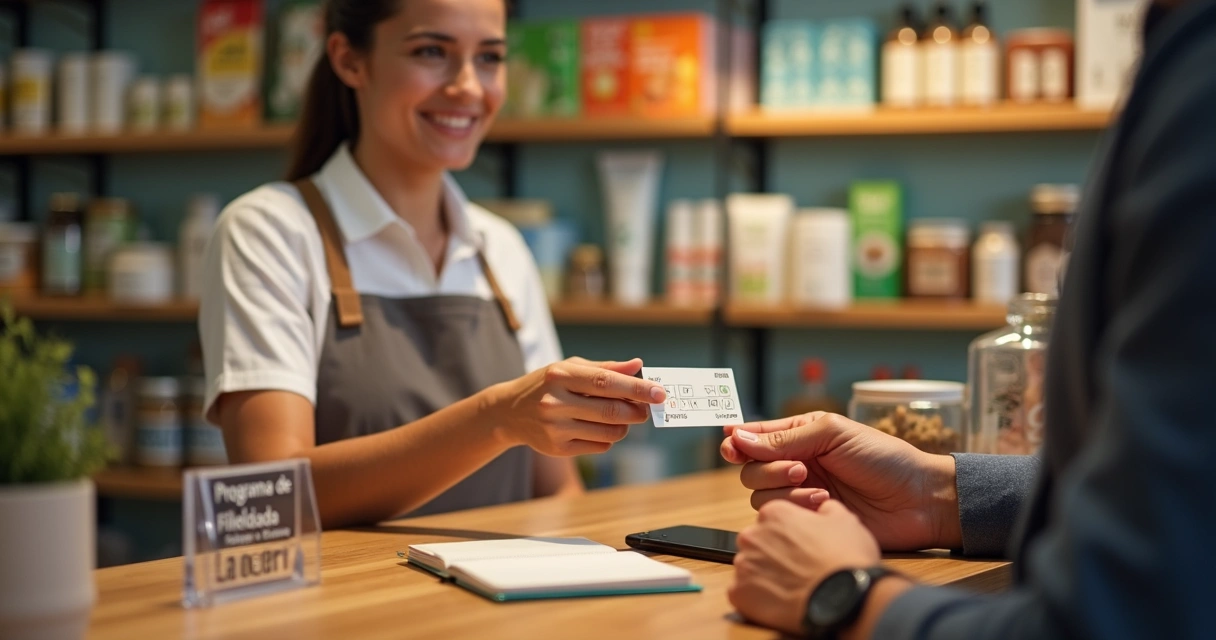 Atendente de pequena loja brasileira entrega cartao de fidelidade a cliente no balcao 