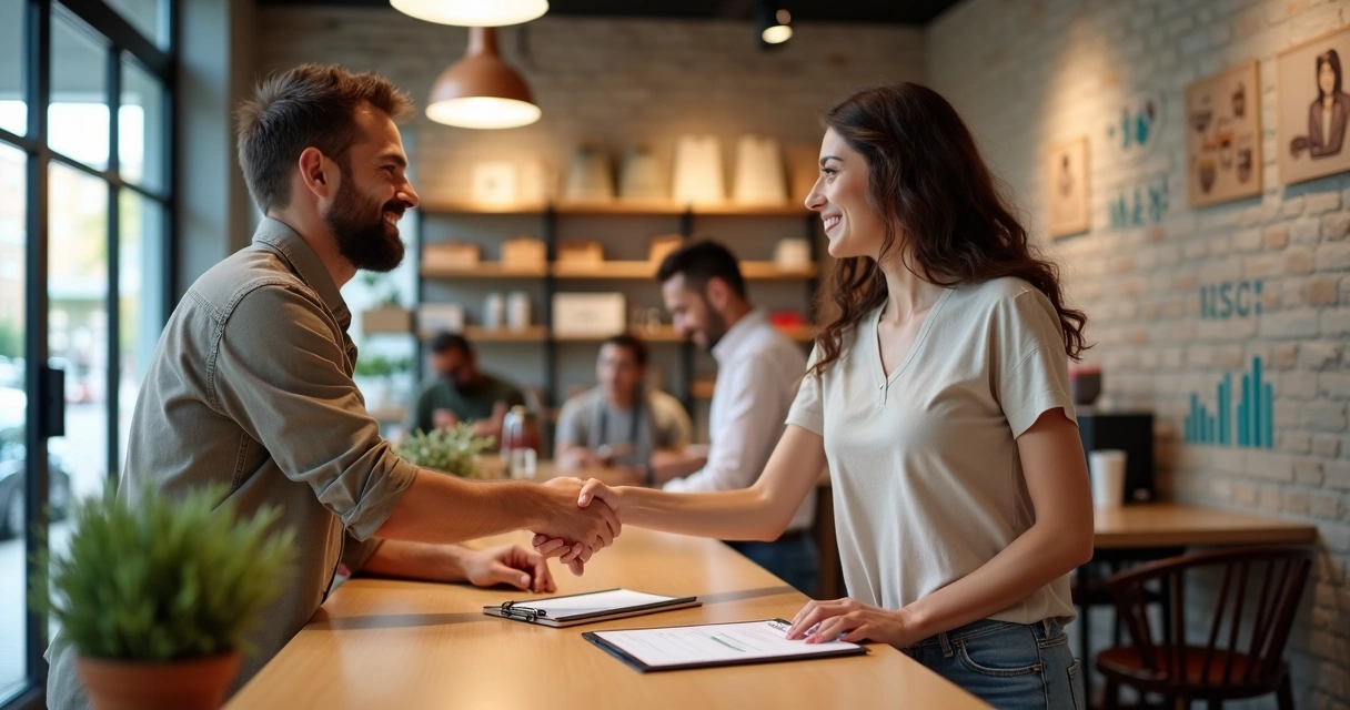 Dono de pequena empresa cumprimenta clientes em ambiente acolhedor 