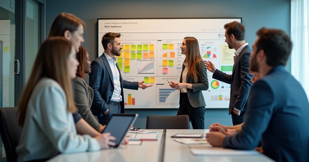 Gestores de PME em reunião anual analisando quadro de risco atualizado