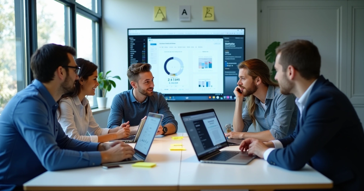 Equipe analisando resultados de testes A/B em uma mesa de escritório 