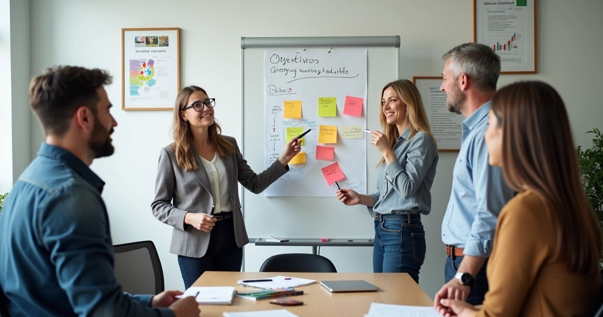 Equipe PME reunida discutindo metas em quadro branco 