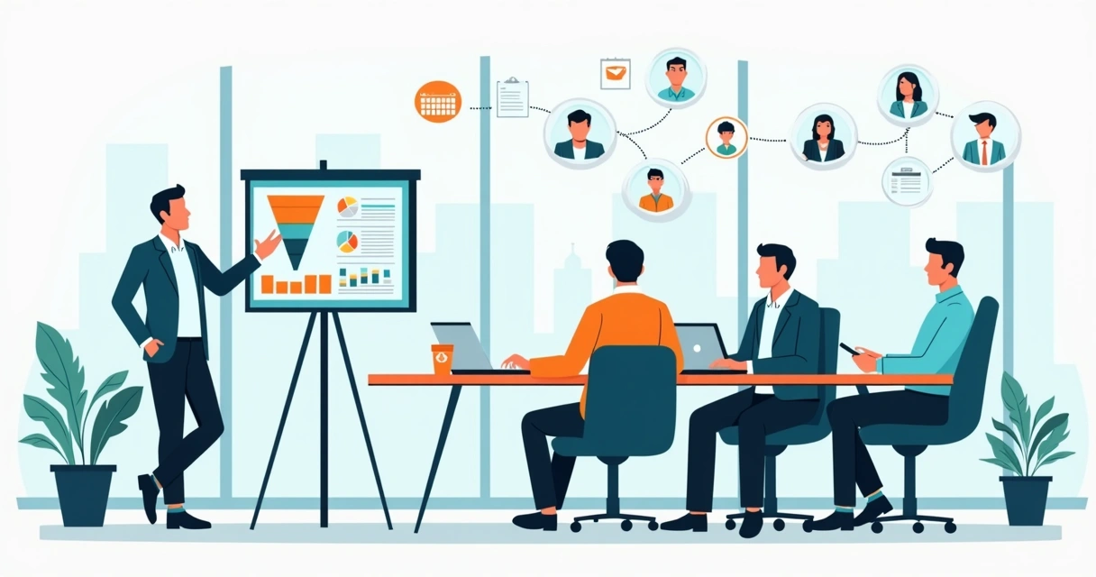 Gestor de PME apresentando proposta para executivos de grande empresa em reunião corporativa 