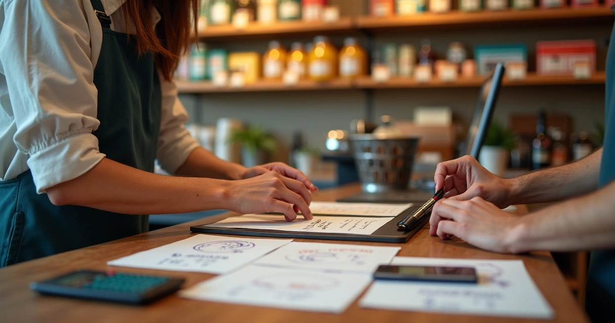 Pequena empresa ajustando etiquetas de preço em produtos 