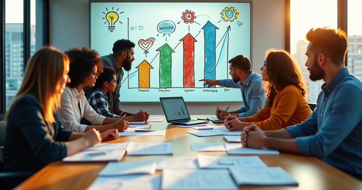 Equipe de pequena empresa analisando estratégias em painel com gráficos coloridos 