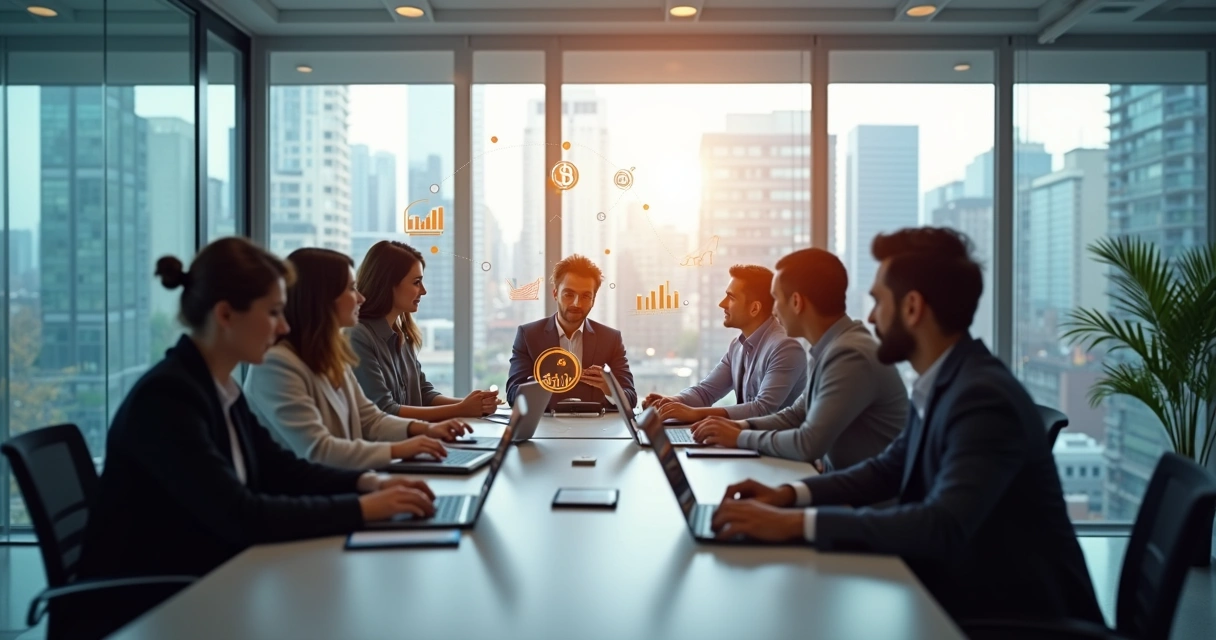 Equipe de PME usando ERP financeiro em escritório moderno. 