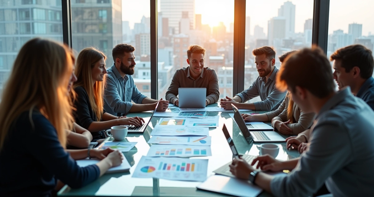 Equipe de PME reunida analisando gráficos de crescimento 